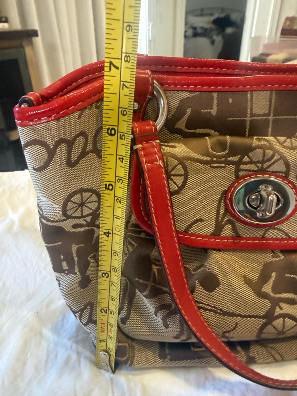 Coach Tan Signature Canvas Satchel with Red Leather Trim - Picture 6 of 9